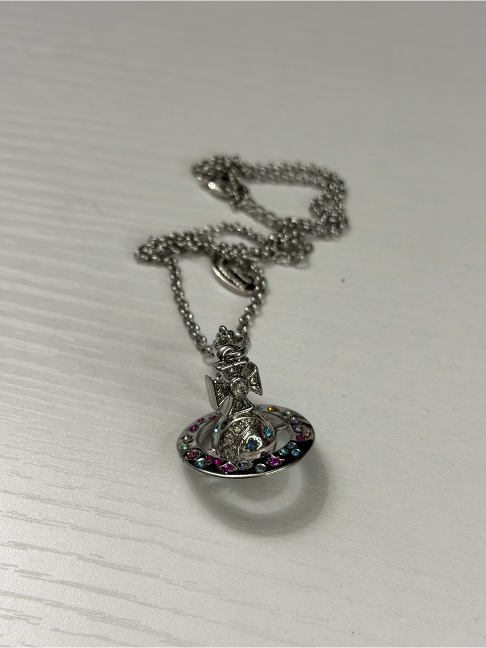 Silver-Tone Orb Pendant Necklace with Multicolor Stones